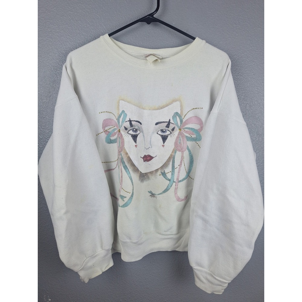 VTG Hanes Sweatshirt Womens L White Mardi Gras Mask Graphic Glitter Pastel 90s
